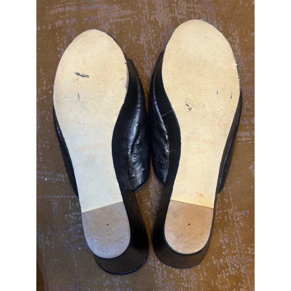 Prada Black Ostrich Embossed Leather Platform Wedge Mules Sandals 39 109-2